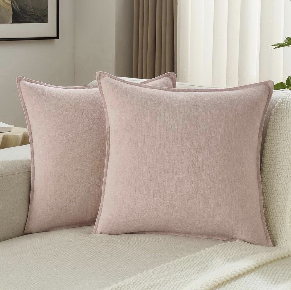 FUTEI Pink Chenille Throw Pillow Covers 22x22 Inch Set of 2 Bound Edge